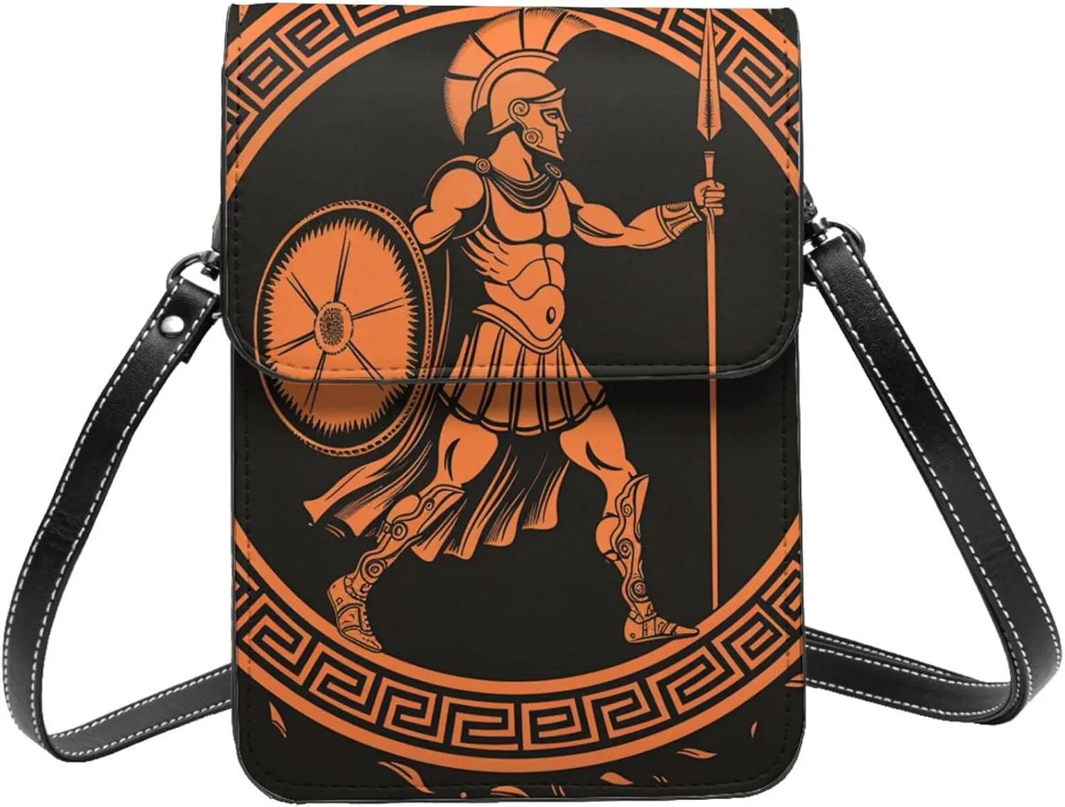 vintage ancient Greek soldier circular black orange Leather Small Crossbody Bags for Women Cell Phone Bag Wallet Purses with Adjustable Strap