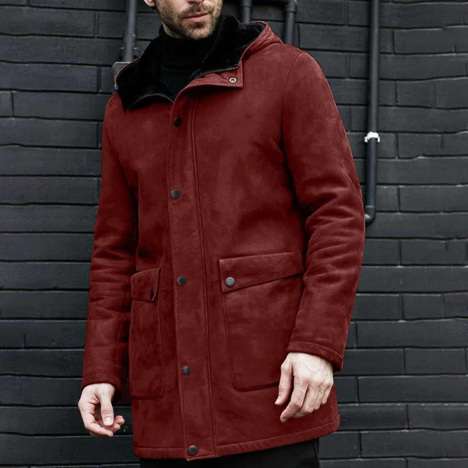 Vintage Suede Pocket Long Leather Jacket Plush Sherpa Fleece Lined Hooded Coat Mens Outdoor Outwear Retro Trench Top