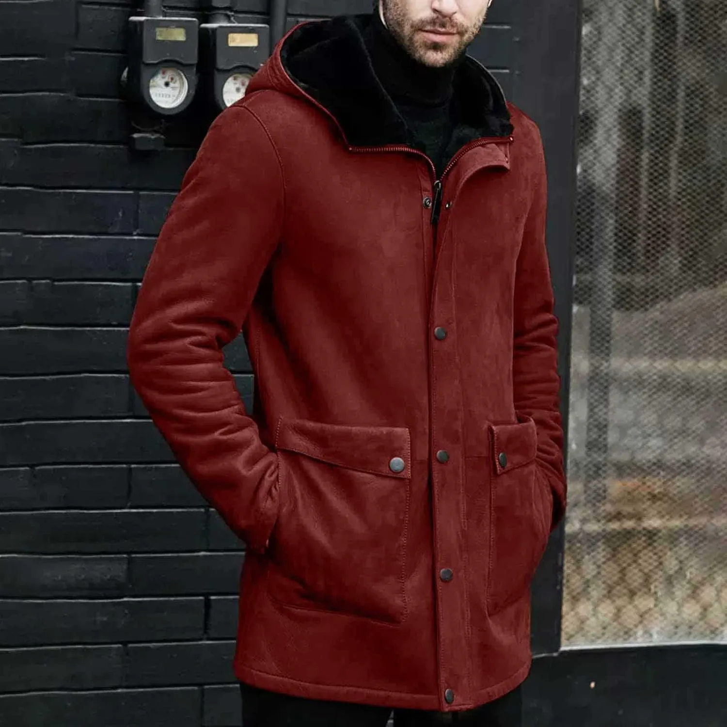 Vintage Suede Pocket Long Leather Jacket Plush Sherpa Fleece Lined Hooded Coat Mens Outdoor Outwear Retro Trench Top