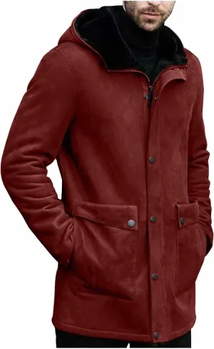 Vintage Suede Pocket Long Leather Jacket Plush Sherpa Fleece Lined Hooded Coat Mens Outdoor Outwear Retro Trench Top