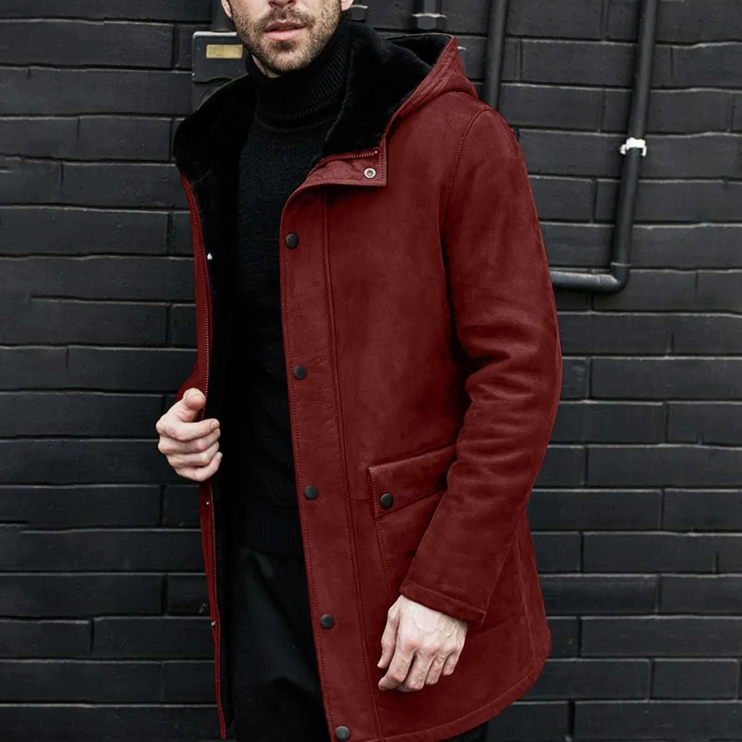 Vintage Suede Pocket Long Leather Jacket Plush Sherpa Fleece Lined Hooded Coat Mens Outdoor Outwear Retro Trench Top