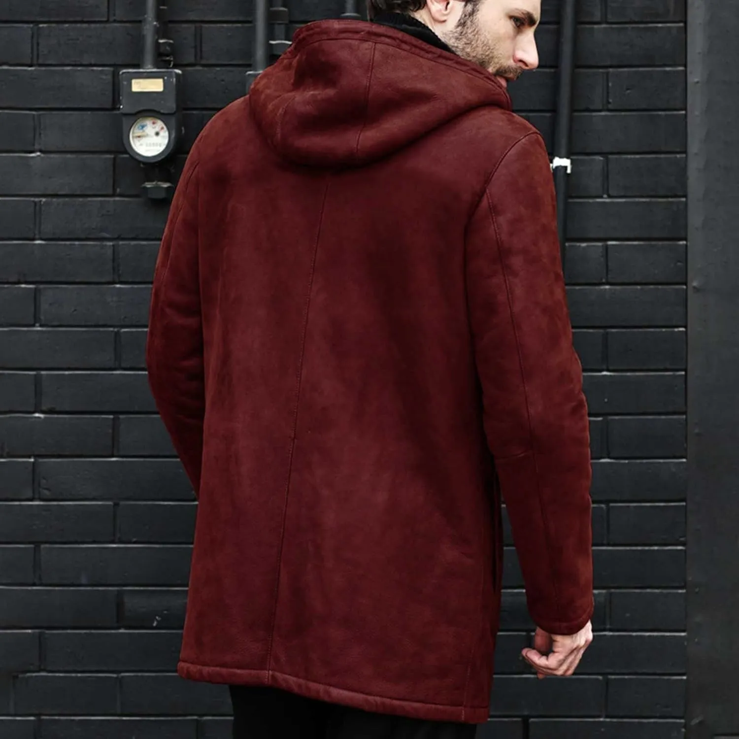 Vintage Suede Pocket Long Leather Jacket Plush Sherpa Fleece Lined Hooded Coat Mens Outdoor Outwear Retro Trench Top