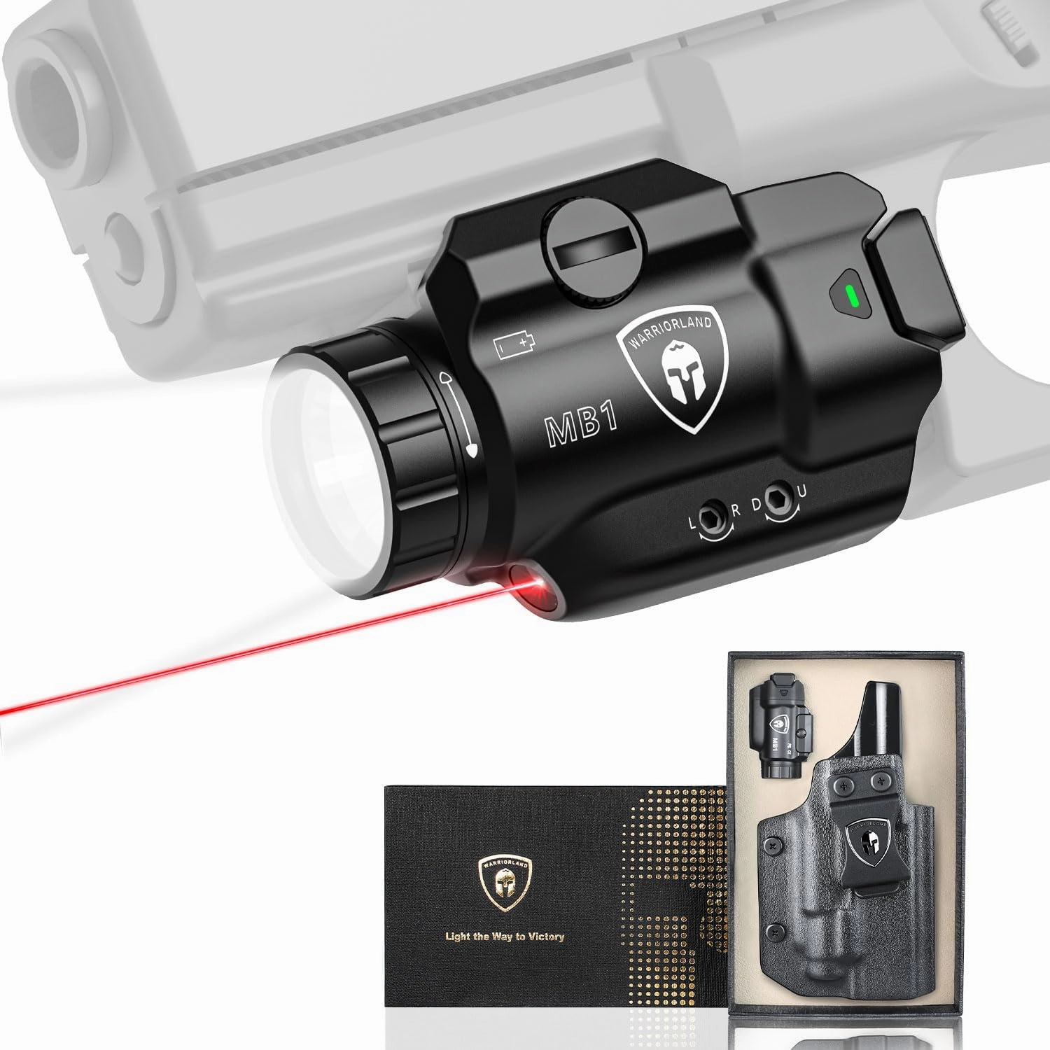 WARRIORLAND MB1 Pistol Light and Custom Kydex Holster, Fit for Springfield Hellcat Pro, Compact 500 Lumens Universal Rail Mounted Tactical Weapon Light with Red Laser & White LED, Power Indicator