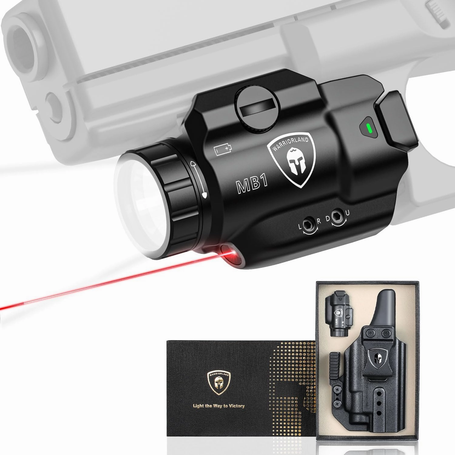 WARRIORLAND MB1 Pistol Light and Custom Versatile Holster, Fit for Glock 17/19 Gen 3-5 & Glock 22/23/31/32 Gen 3-4 & Glock 19X/44/45, Compact Universal Tactical Weapon Light with Red Laser & White LED