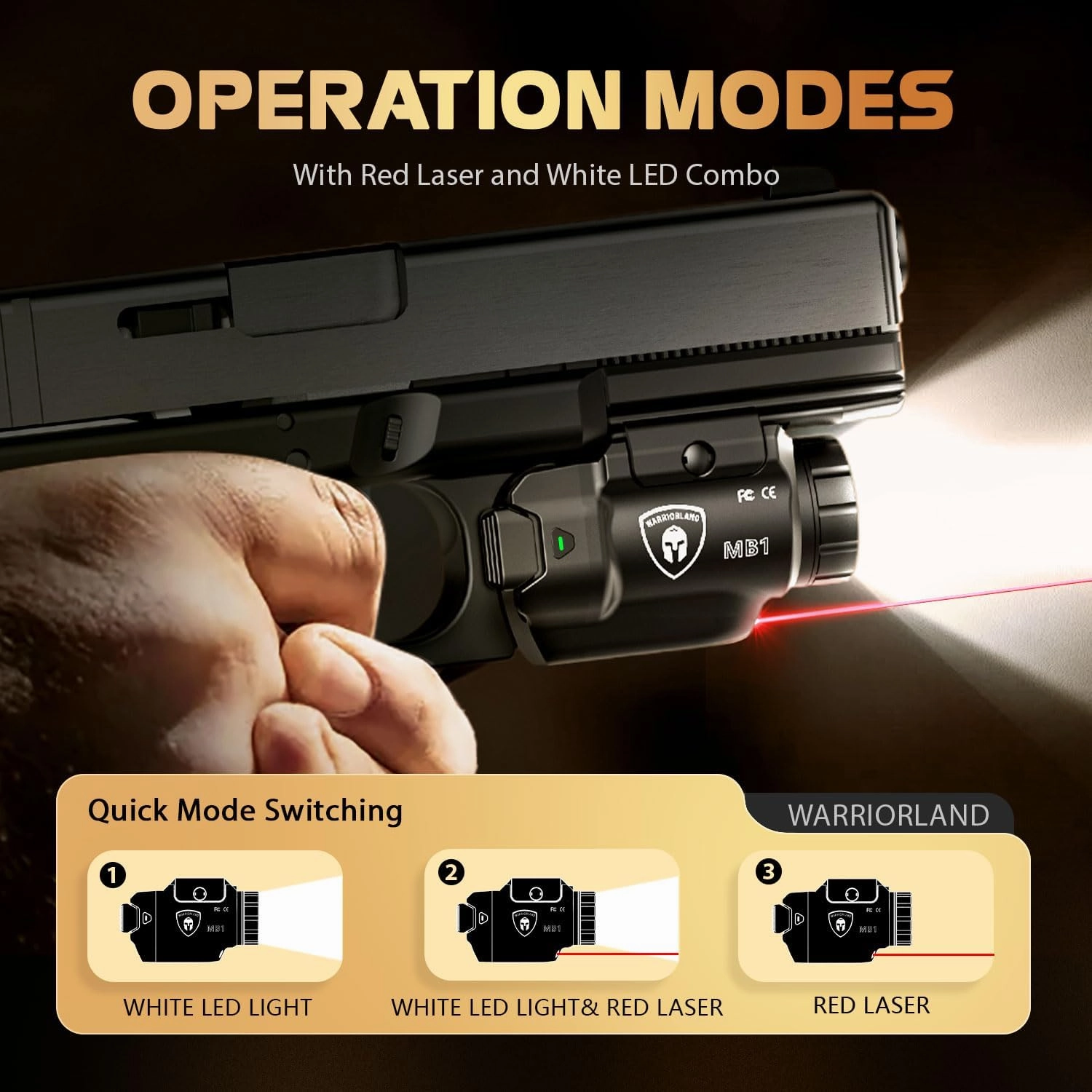 WARRIORLAND MB1 Pistol Light and Holster Combo, Optional for Glock 17/19, Taurus G2C/G3C, Hellcat Pro, S&W SD9VE, Compact 500-Lumen Rail Mounted Tactical Light, Red Laser & White LED, Power Indicator