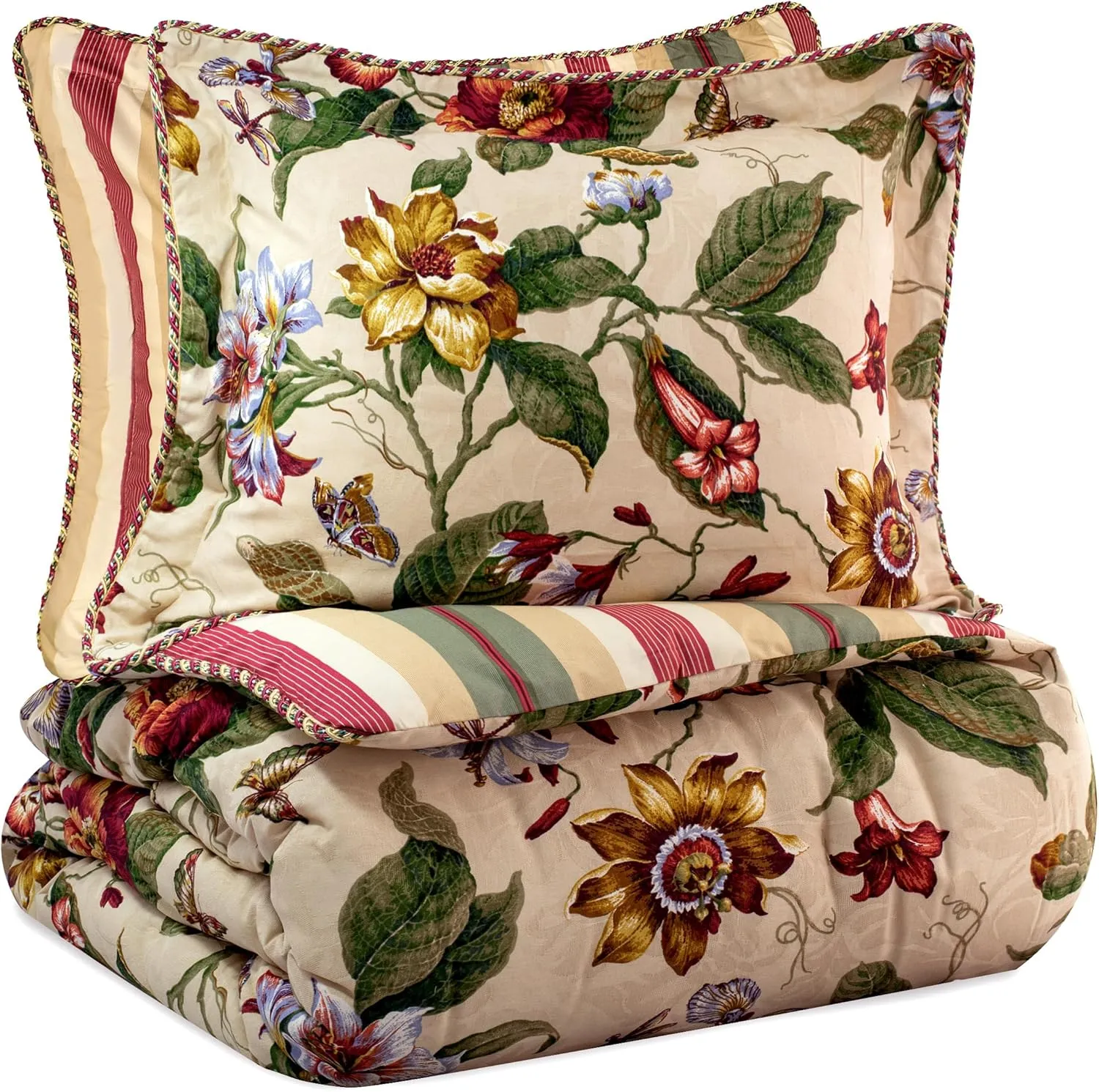 Waverly Laurel Springs Modern Farmhouse Floral 3-Piece Reversible Quilt Bedding Bedspread Set, King, Parchment