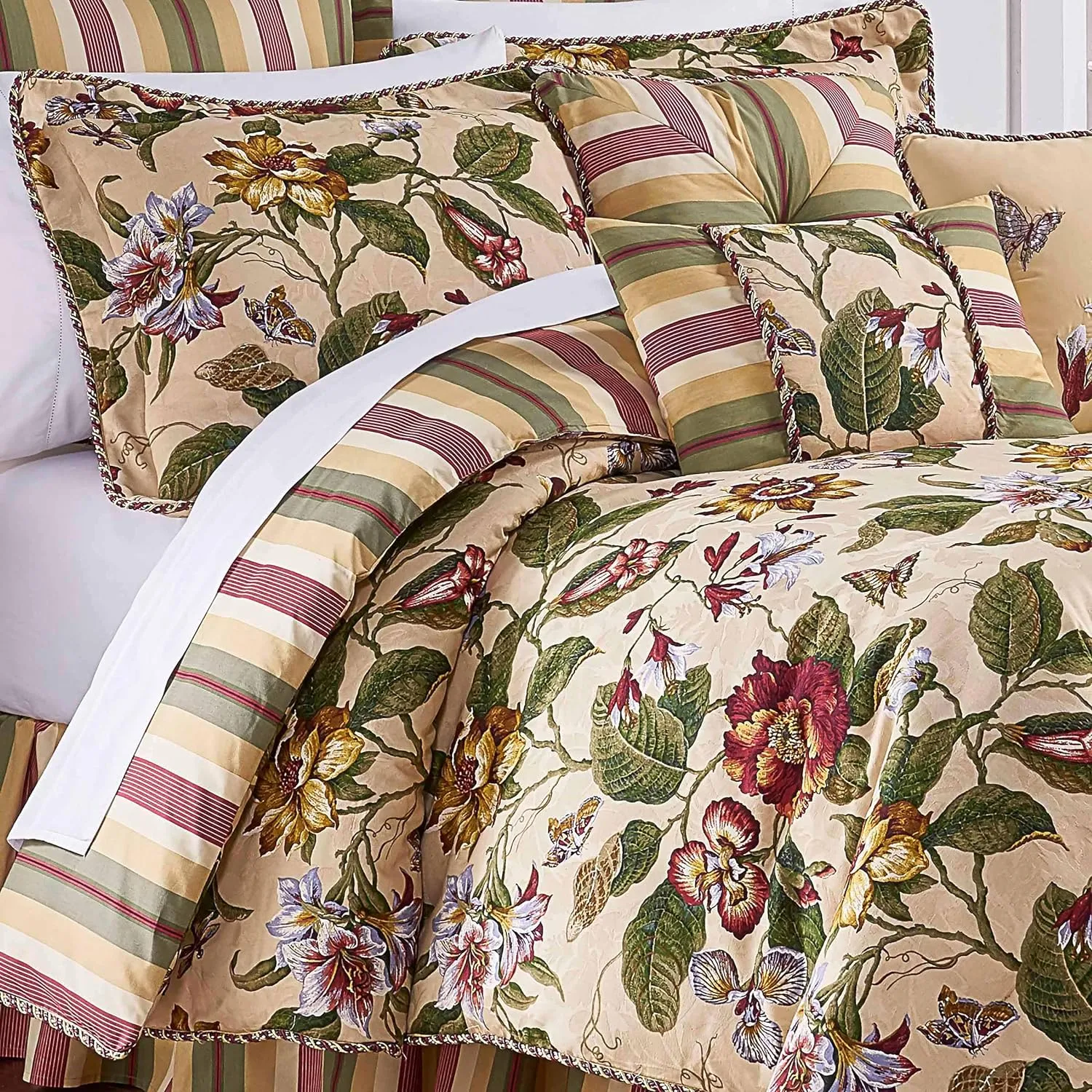 Waverly Laurel Springs Modern Farmhouse Floral 3-Piece Reversible Quilt Bedding Bedspread Set, King, Parchment