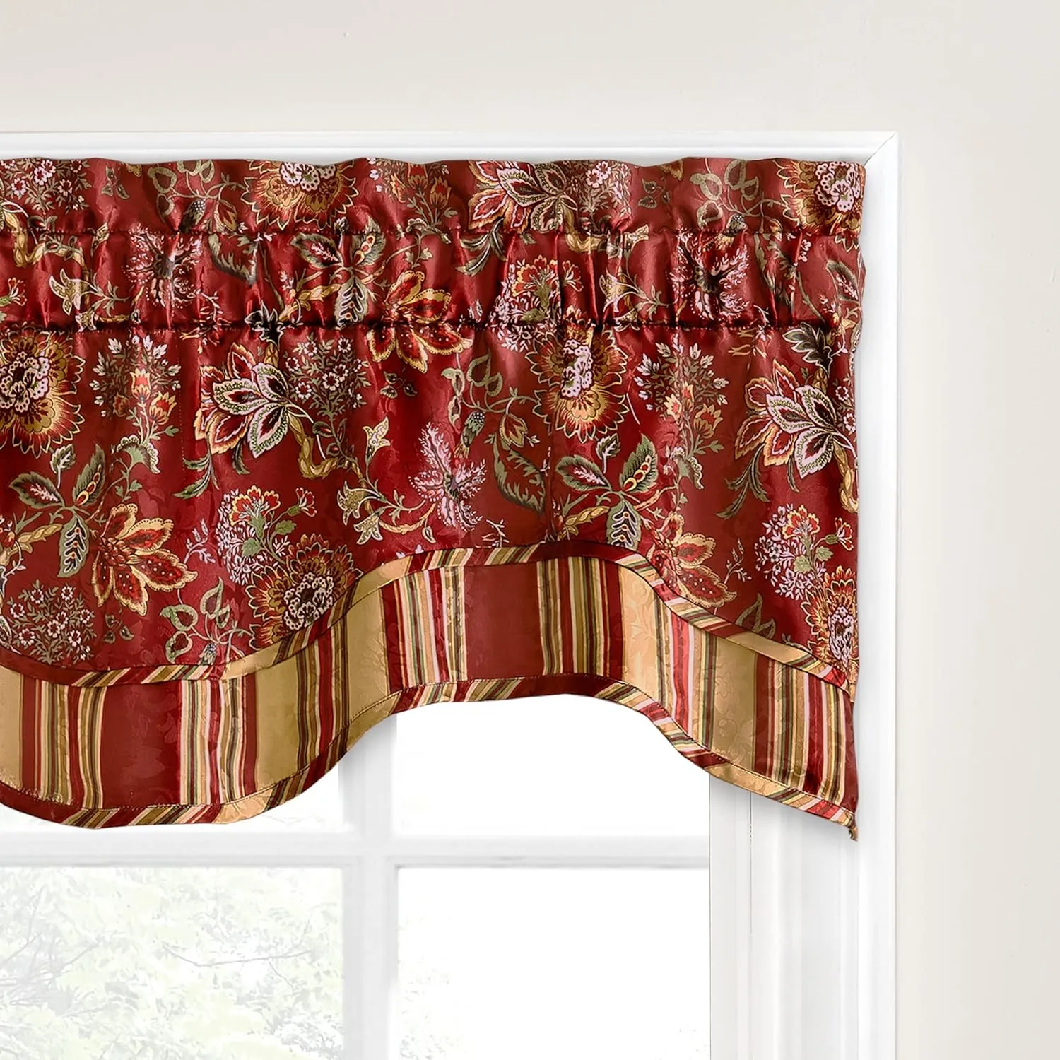 Waverly Navarra Farmhouse Scalloped Valance Rod Pocket Window Curtain for Kitchen or Bathroom, 52" x 16", Crimson