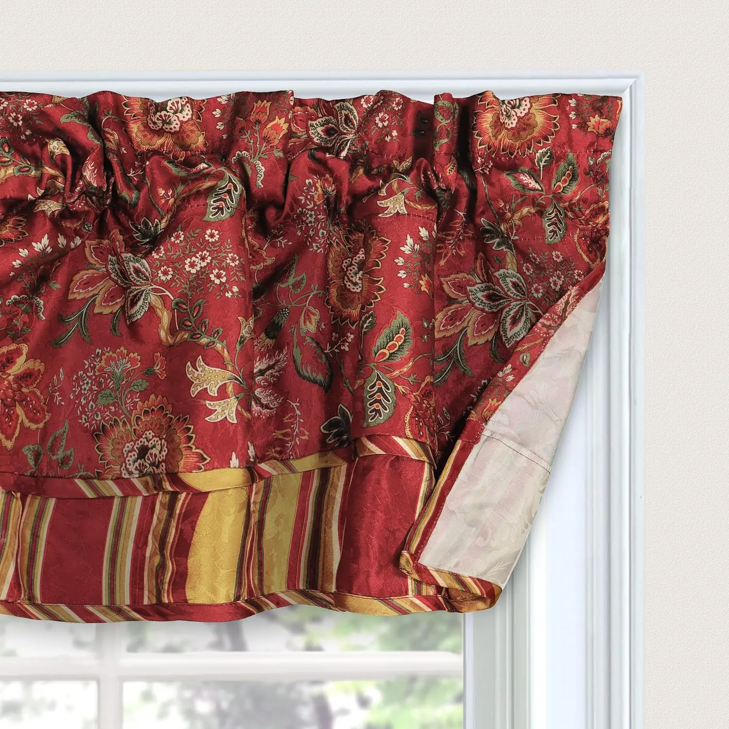 Waverly Navarra Farmhouse Scalloped Valance Rod Pocket Window Curtain for Kitchen or Bathroom, 52" x 16", Crimson