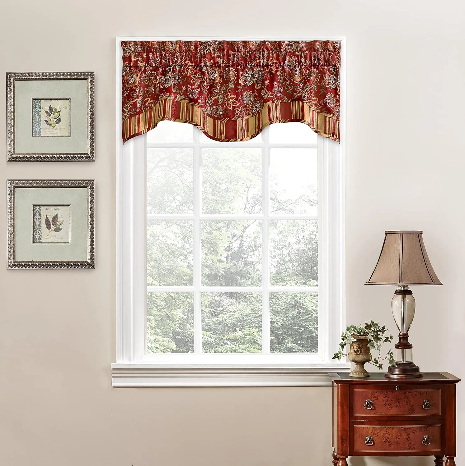 Waverly Navarra Farmhouse Scalloped Valance Rod Pocket Window Curtain for Kitchen or Bathroom, 52" x 16", Crimson