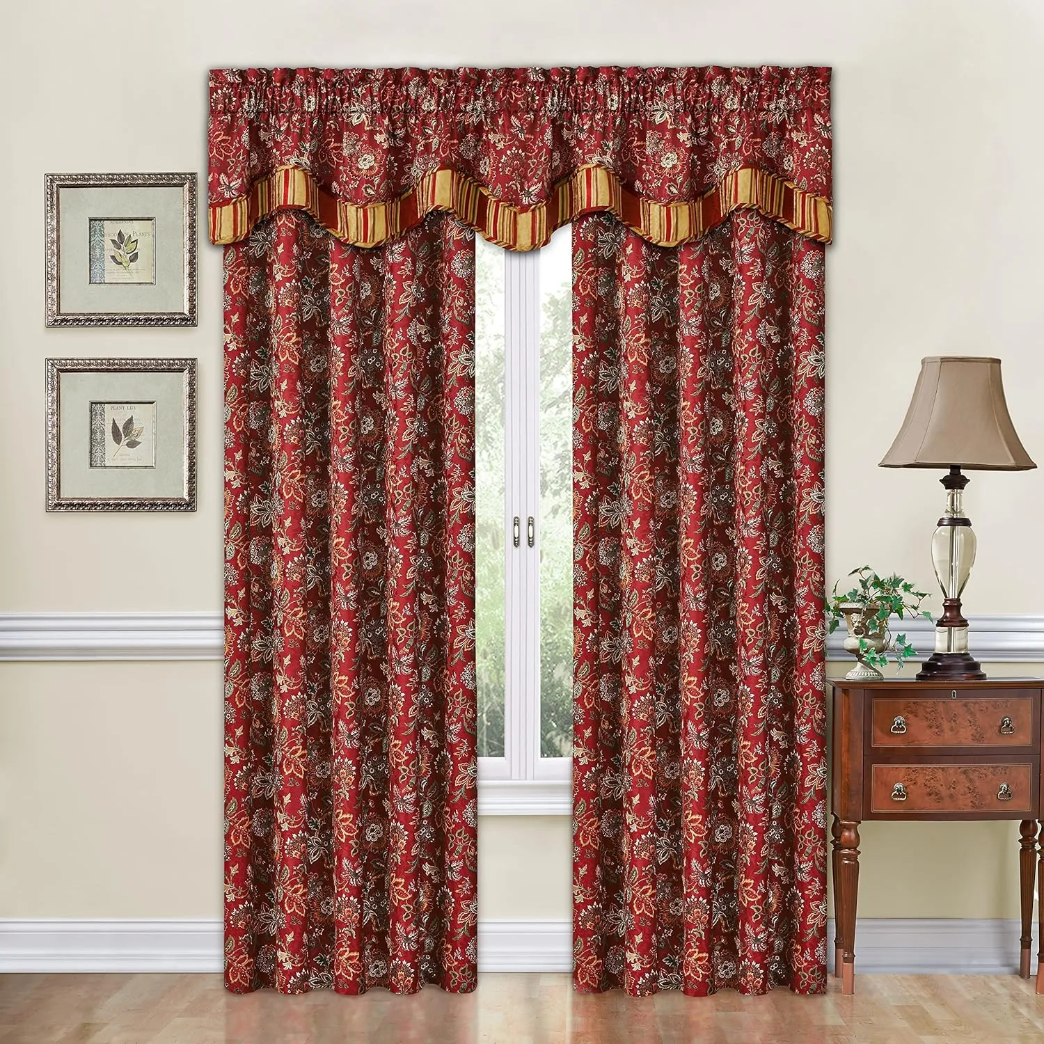 Waverly Navarra Farmhouse Scalloped Valance Rod Pocket Window Curtain for Kitchen or Bathroom, 52" x 16", Crimson