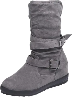 Western Cowboy Booties Side Zipper Wide Calf Ankle Boots Comfy Winter Fall Walking Hiking Travel Shoes with Buckle Strap Classic Pull On Tabs Stylish Suede Party Boots for Women