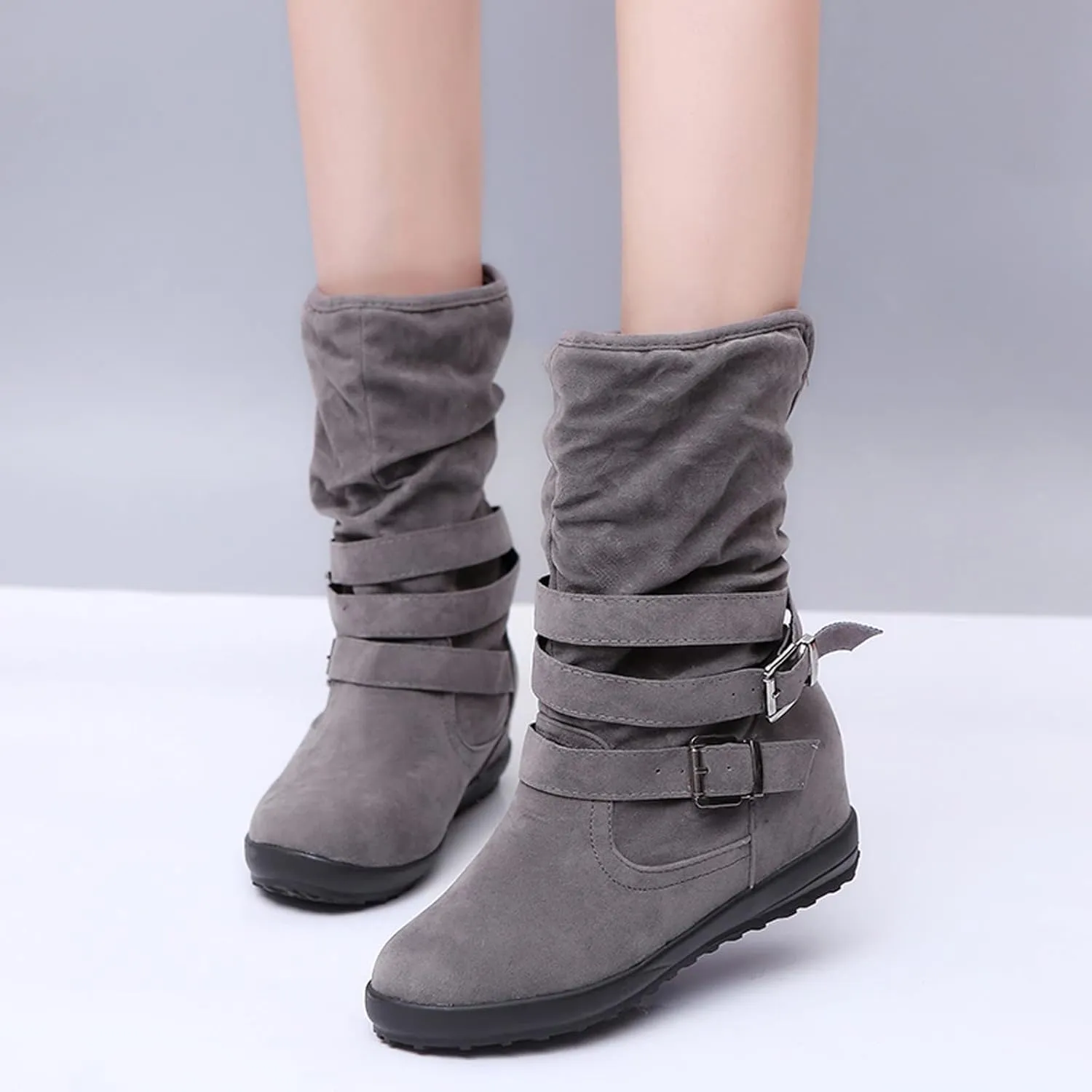 Western Cowboy Booties Side Zipper Wide Calf Ankle Boots Comfy Winter Fall Walking Hiking Travel Shoes with Buckle Strap Classic Pull On Tabs Stylish Suede Party Boots for Women