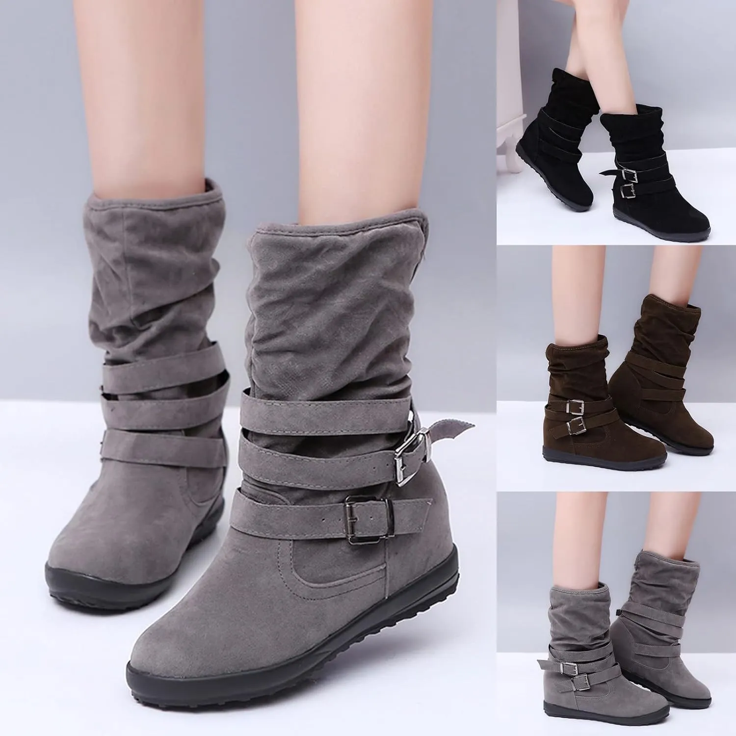 Western Cowboy Booties Side Zipper Wide Calf Ankle Boots Comfy Winter Fall Walking Hiking Travel Shoes with Buckle Strap Classic Pull On Tabs Stylish Suede Party Boots for Women
