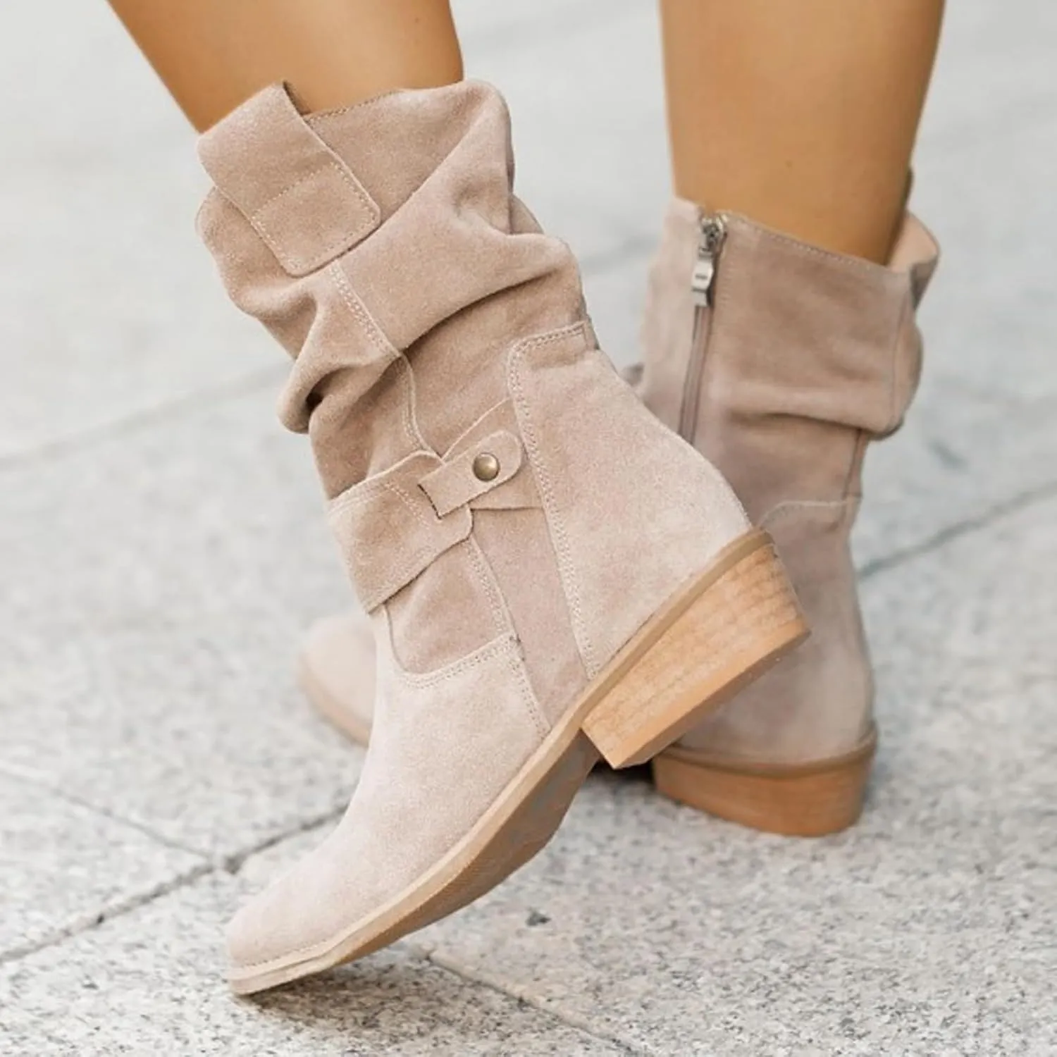 Western Cowboy Booties Side Zipper Wide Calf Ankle Boots Comfy Winter Fall Walking Hiking Travel Shoes with Buckle Strap Classic Pull On Tabs Stylish Suede Party Boots for Women