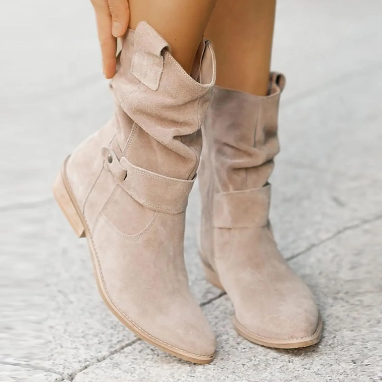 Western Cowboy Booties Side Zipper Wide Calf Ankle Boots Comfy Winter Fall Walking Hiking Travel Shoes with Buckle Strap Classic Pull On Tabs Stylish Suede Party Boots for Women