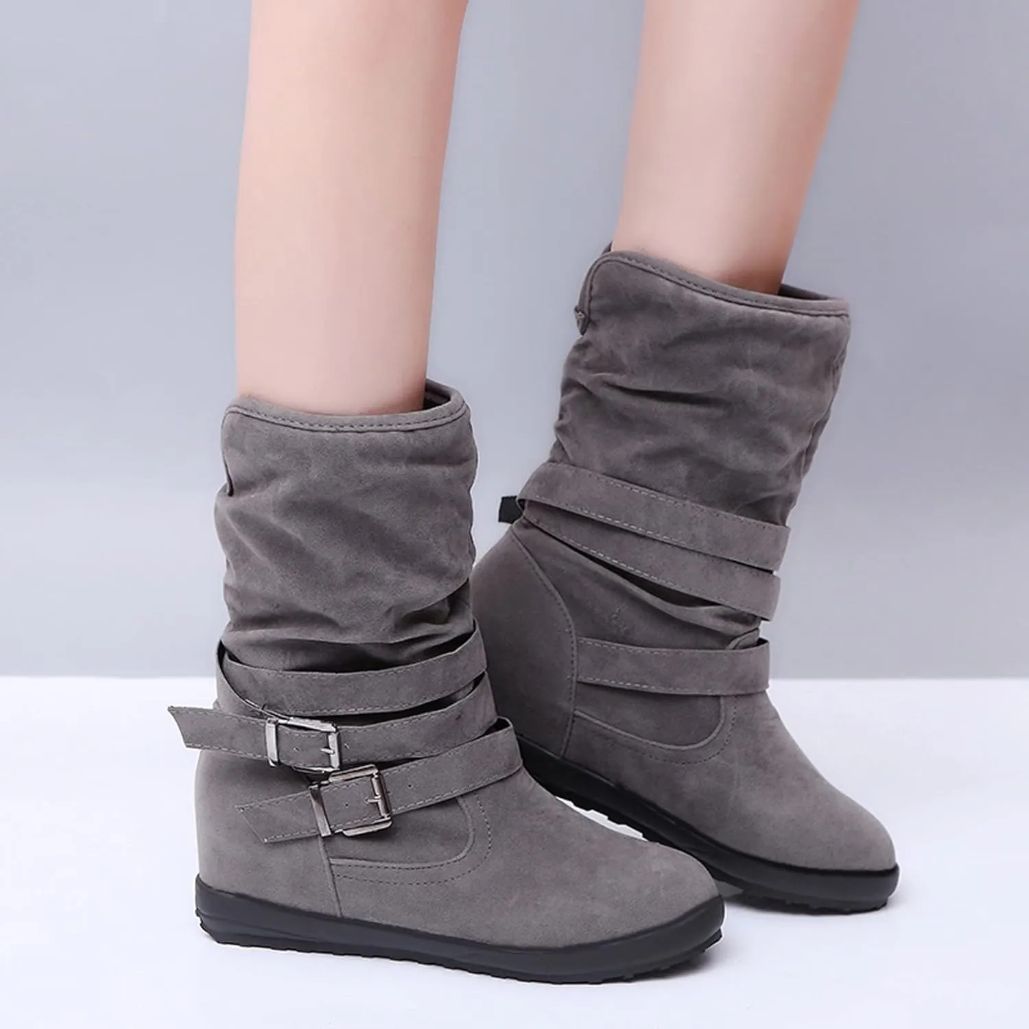Western Cowboy Booties Side Zipper Wide Calf Ankle Boots Comfy Winter Fall Walking Hiking Travel Shoes with Buckle Strap Classic Pull On Tabs Stylish Suede Party Boots for Women