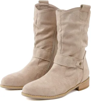 Western Cowboy Booties Side Zipper Wide Calf Ankle Boots Comfy Winter Fall Walking Hiking Travel Shoes with Buckle Strap Classic Pull On Tabs Stylish Suede Party Boots for Women