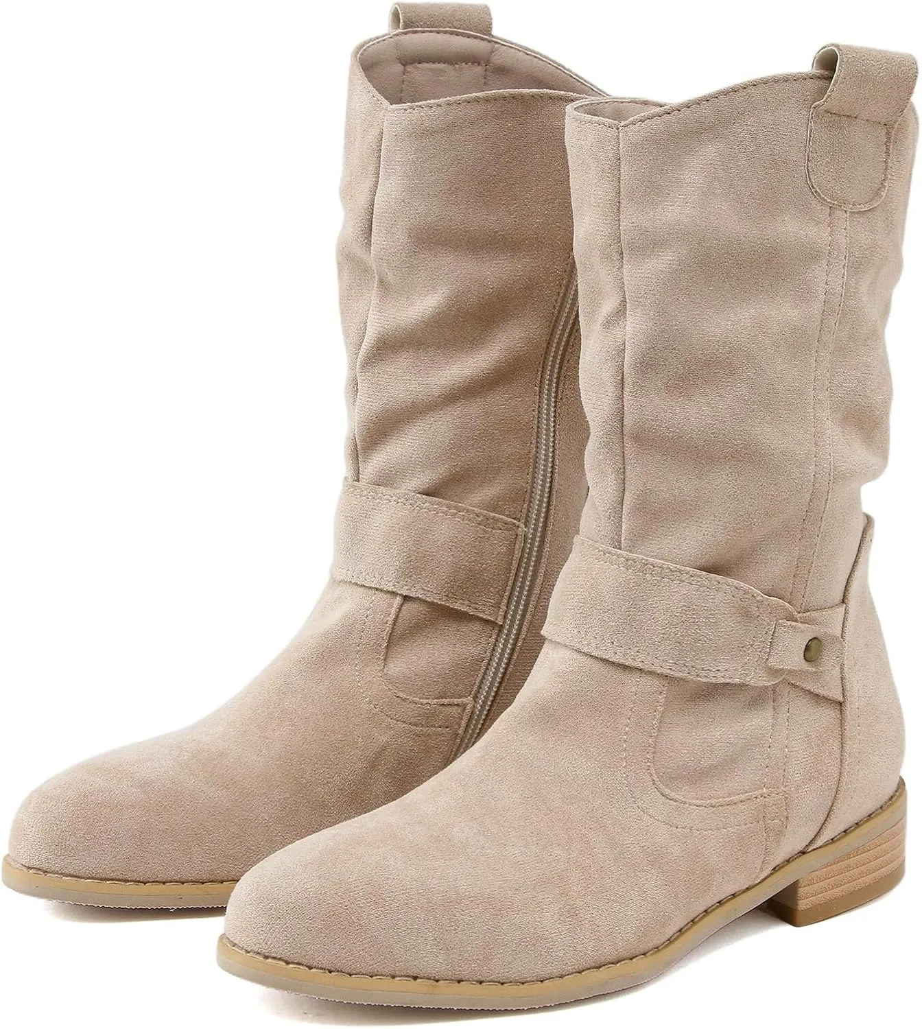 Western Cowboy Booties Side Zipper Wide Calf Ankle Boots Comfy Winter Fall Walking Hiking Travel Shoes with Buckle Strap Classic Pull On Tabs Stylish Suede Party Boots for Women