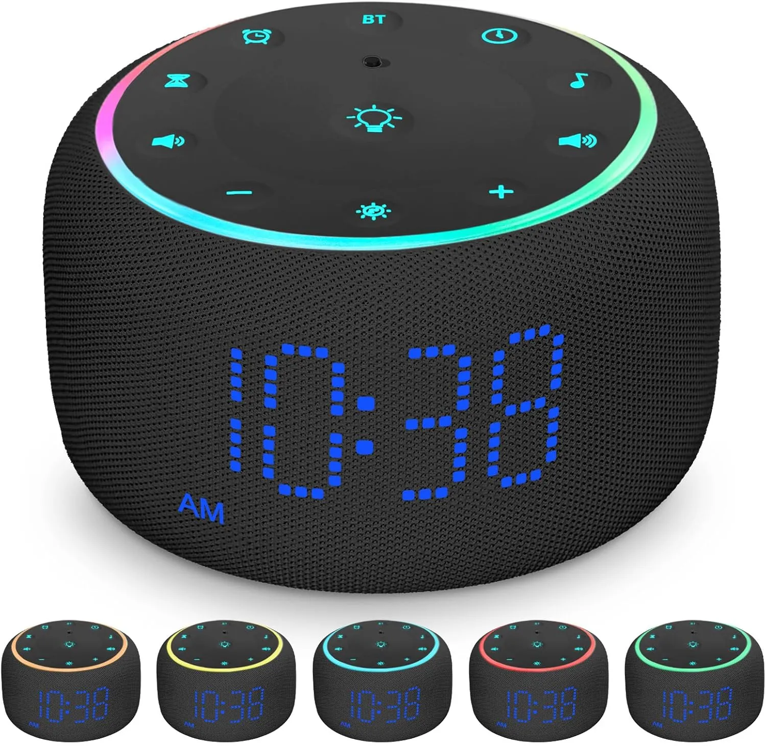 White Noise Machine Alarm Clock for Bedrooms - 5W Stereo Bluetooth Speaker - 24 Soothing Sounds - 9 Night Lights - Auto-Dimmable Digital Alarm Clock Sound Machine for Sleeping