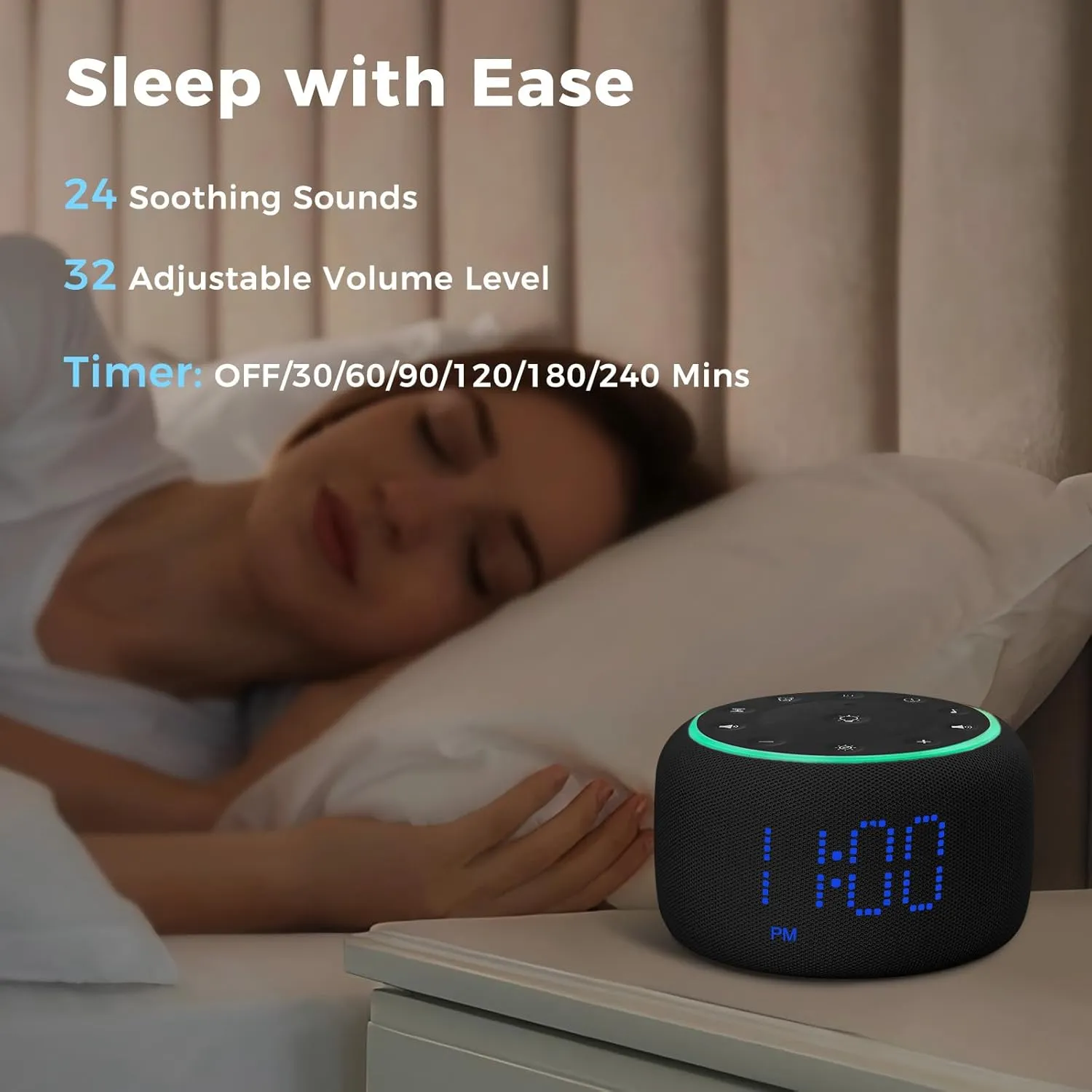 White Noise Machine Alarm Clock for Bedrooms - 5W Stereo Bluetooth Speaker - 24 Soothing Sounds - 9 Night Lights - Auto-Dimmable Digital Alarm Clock Sound Machine for Sleeping
