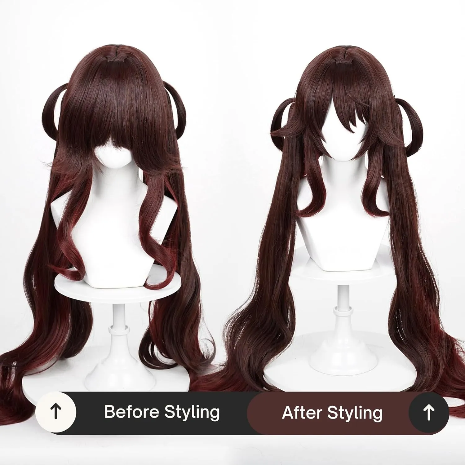 Wiggy Mermaid Hu Tao Cosplay Wig Brown Ponytail Wig Pigtails with Cap for Halloween Costume Party