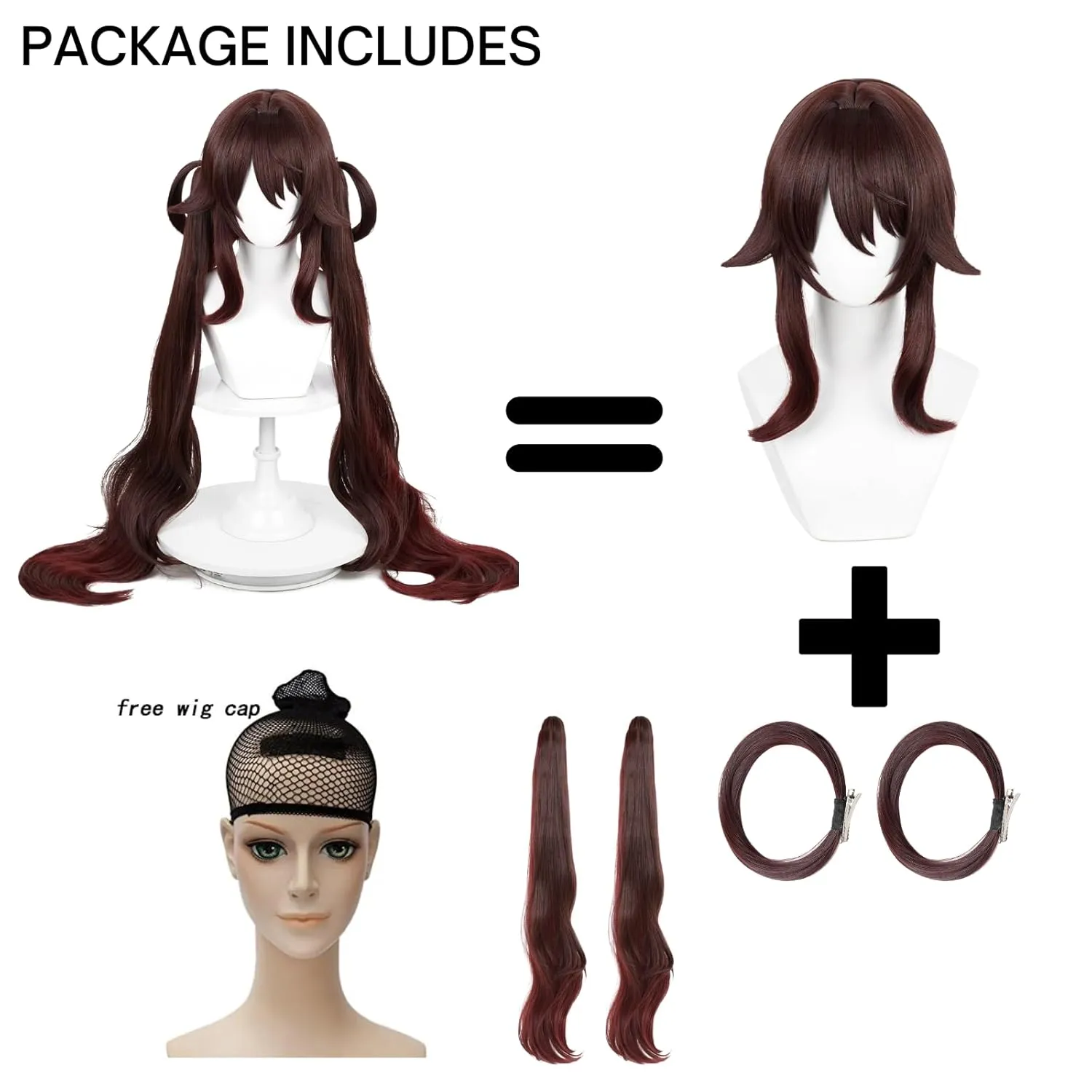 Wiggy Mermaid Hu Tao Cosplay Wig Brown Ponytail Wig Pigtails with Cap for Halloween Costume Party