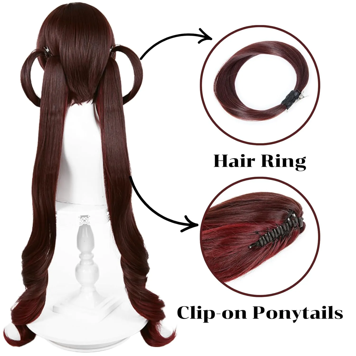 Wiggy Mermaid Hu Tao Cosplay Wig Brown Ponytail Wig Pigtails with Cap for Halloween Costume Party