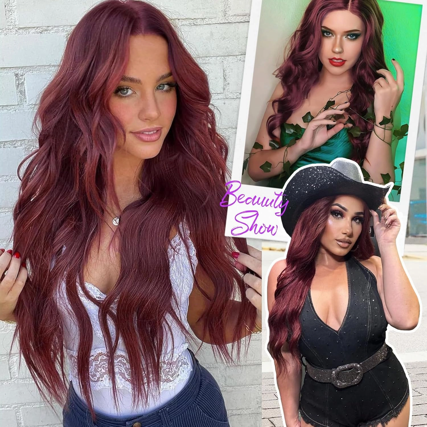 Wine Red Wig for Women Long Wavy 4x1 Lace Natural Hairline Glueless for Beginners Middle Part Synthetic for Daily Party Use 26Inch