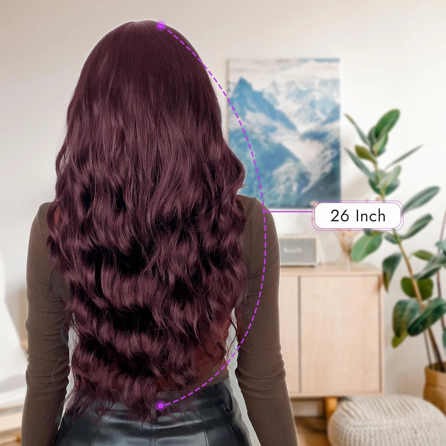 Wine Red Wig for Women Long Wavy 4x1 Lace Natural Hairline Glueless for Beginners Middle Part Synthetic for Daily Party Use 26Inch