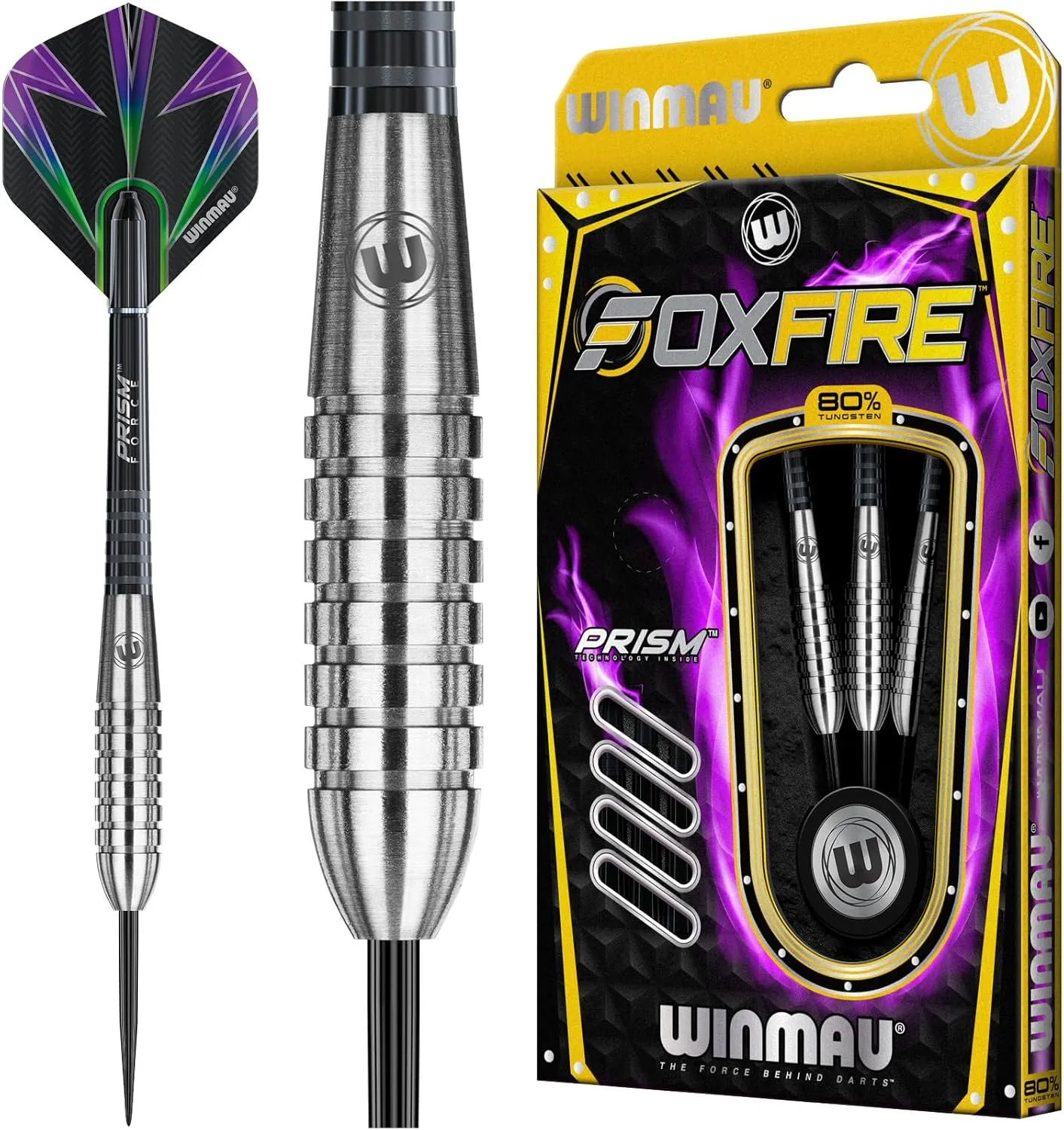 Winmau Foxfire 90% Tungsten Darts with Prism Flights and Shafts (Stems) Steel & Soft Tips