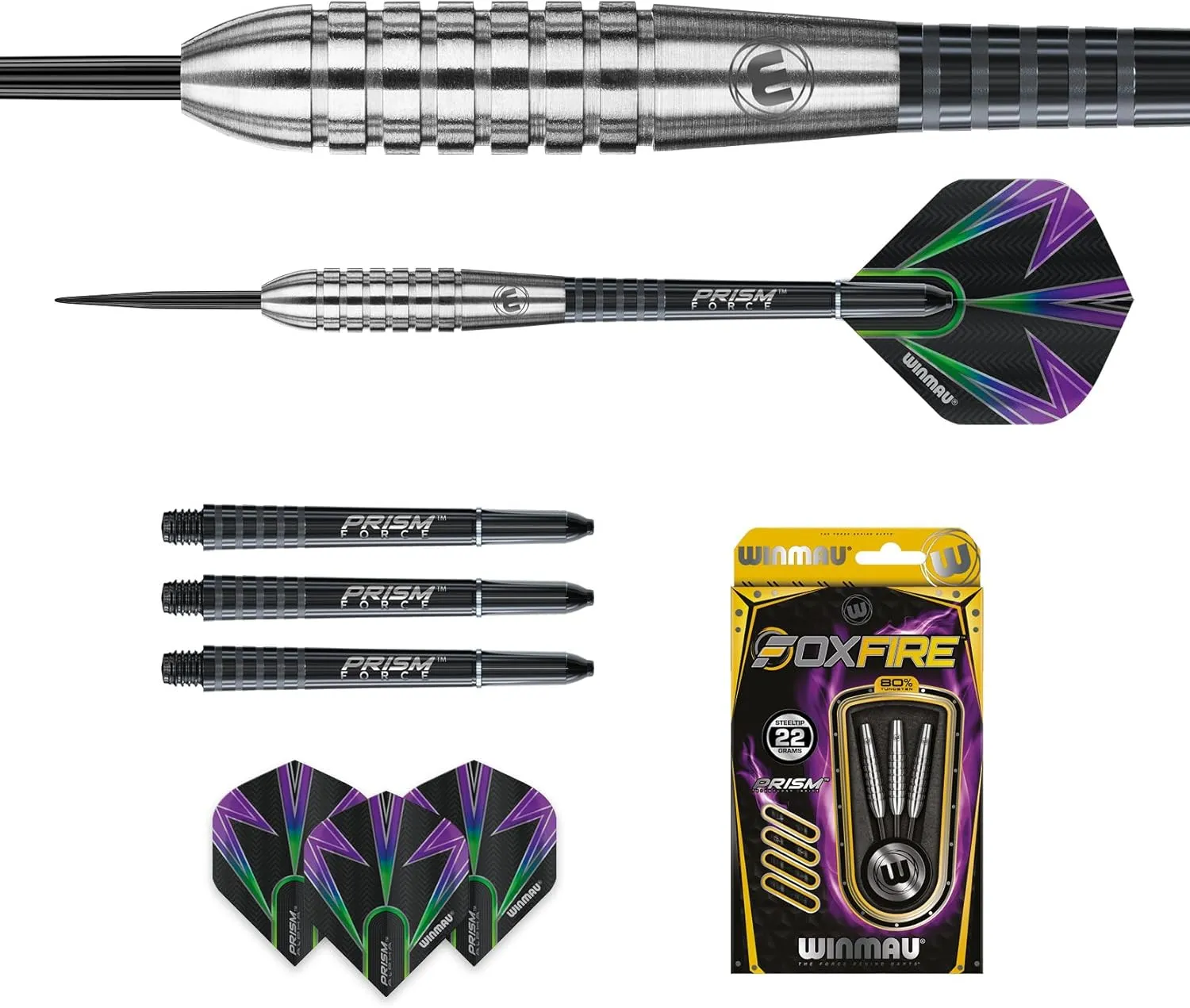 Winmau Foxfire 90% Tungsten Darts with Prism Flights and Shafts (Stems) Steel & Soft Tips