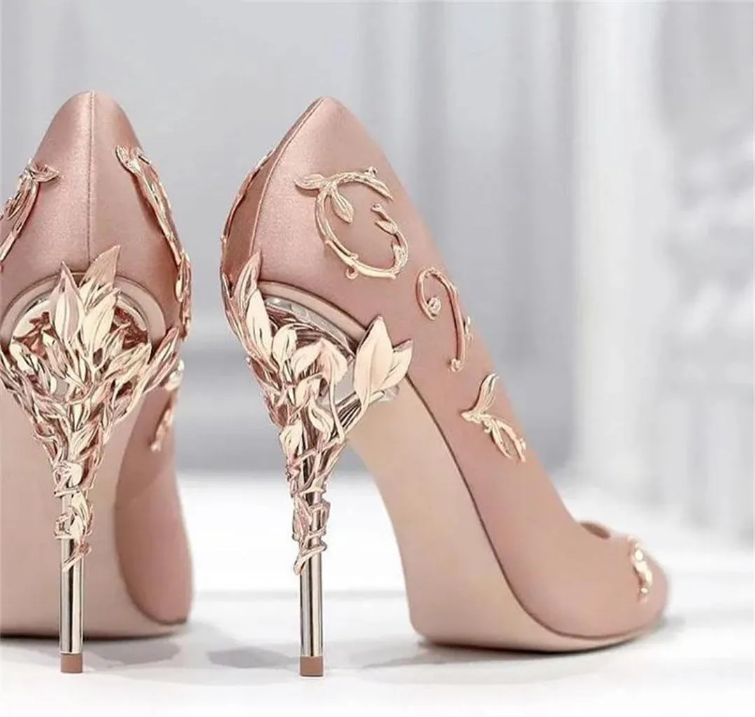 Women Luxury Leaves Metal Heel Pumps Pointed Toe Stiletto High Wedding Bride Shoes Floral Thin Heels Elegant Slip-On