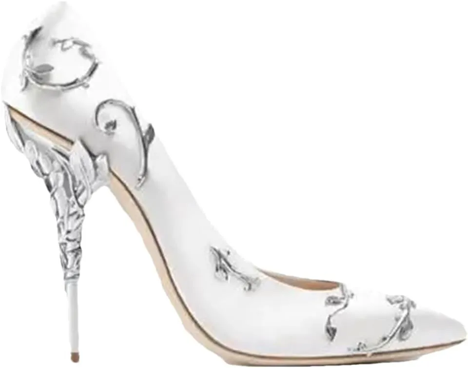 Women Luxury Leaves Metal Heel Pumps Pointed Toe Stiletto High Wedding Bride Shoes Floral Thin Heels Elegant Slip-On