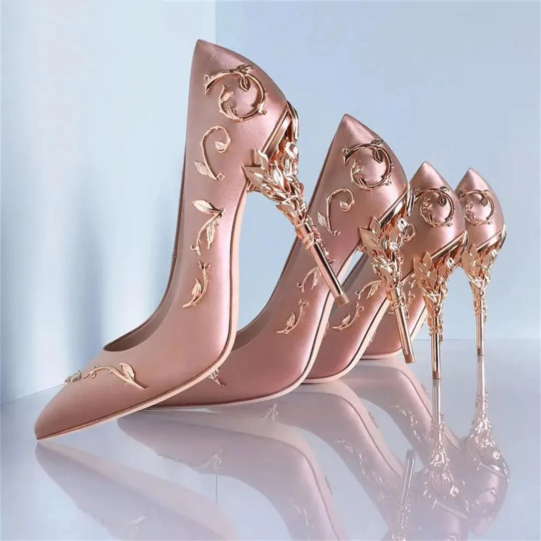 Women Luxury Leaves Metal Heel Pumps Pointed Toe Stiletto High Wedding Bride Shoes Floral Thin Heels Elegant Slip-On