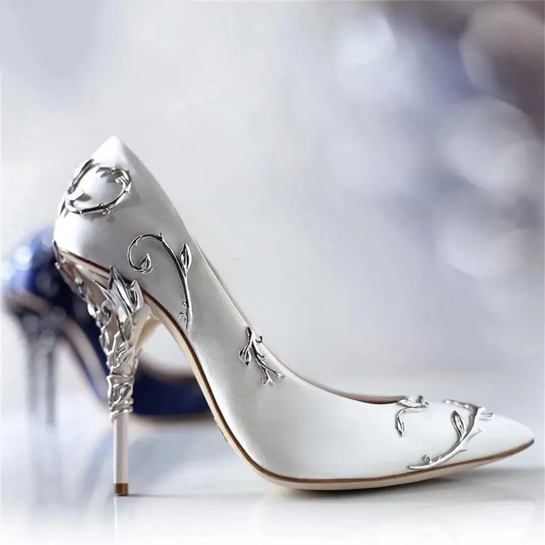 Women Luxury Leaves Metal Heel Pumps Pointed Toe Stiletto High Wedding Bride Shoes Floral Thin Heels Elegant Slip-On