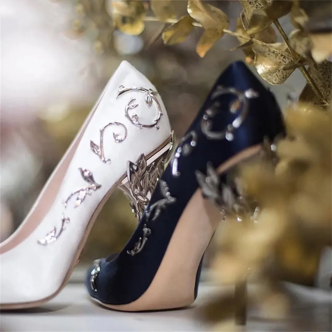 Women Luxury Leaves Metal Heel Pumps Pointed Toe Stiletto High Wedding Bride Shoes Floral Thin Heels Elegant Slip-On