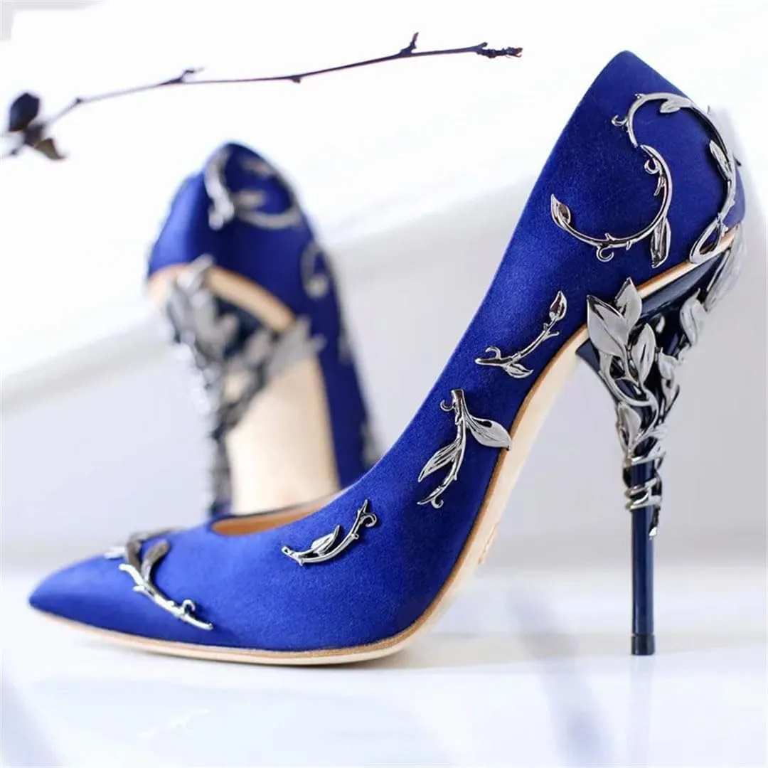 Women Luxury Leaves Metal Heel Pumps Pointed Toe Stiletto High Wedding Bride Shoes Floral Thin Heels Elegant Slip-On