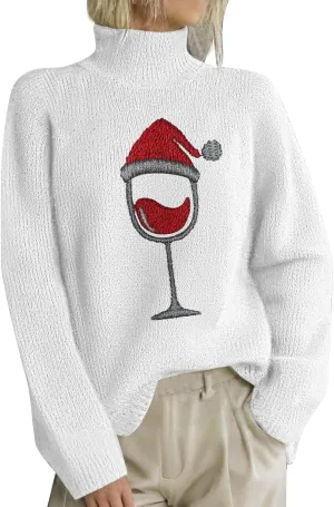 Women Merry Christmas Sweaters Turtleneck Long Sleeve Print Knitted Pullover Y2K Christmas Sweater Hoilday Tops