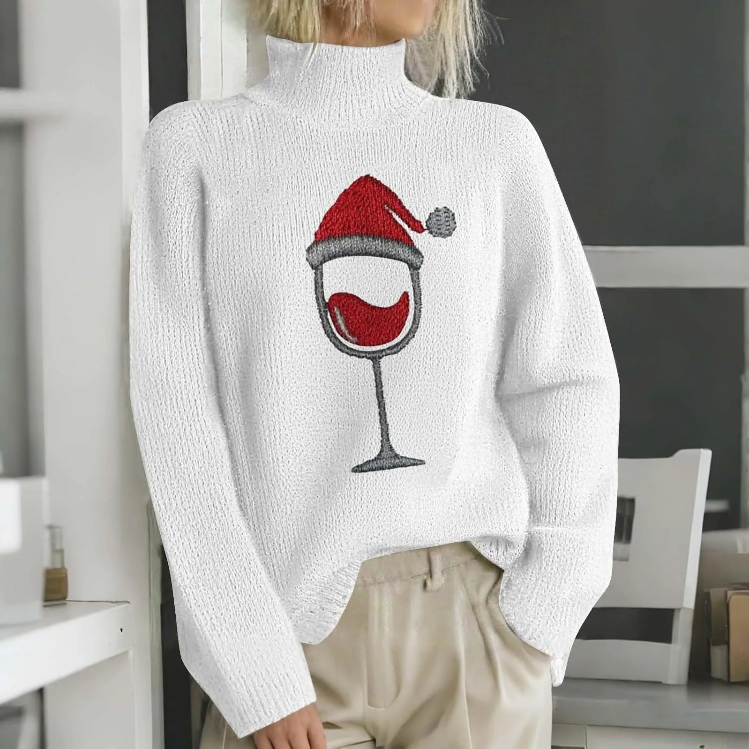 Women Merry Christmas Sweaters Turtleneck Long Sleeve Print Knitted Pullover Y2K Christmas Sweater Hoilday Tops