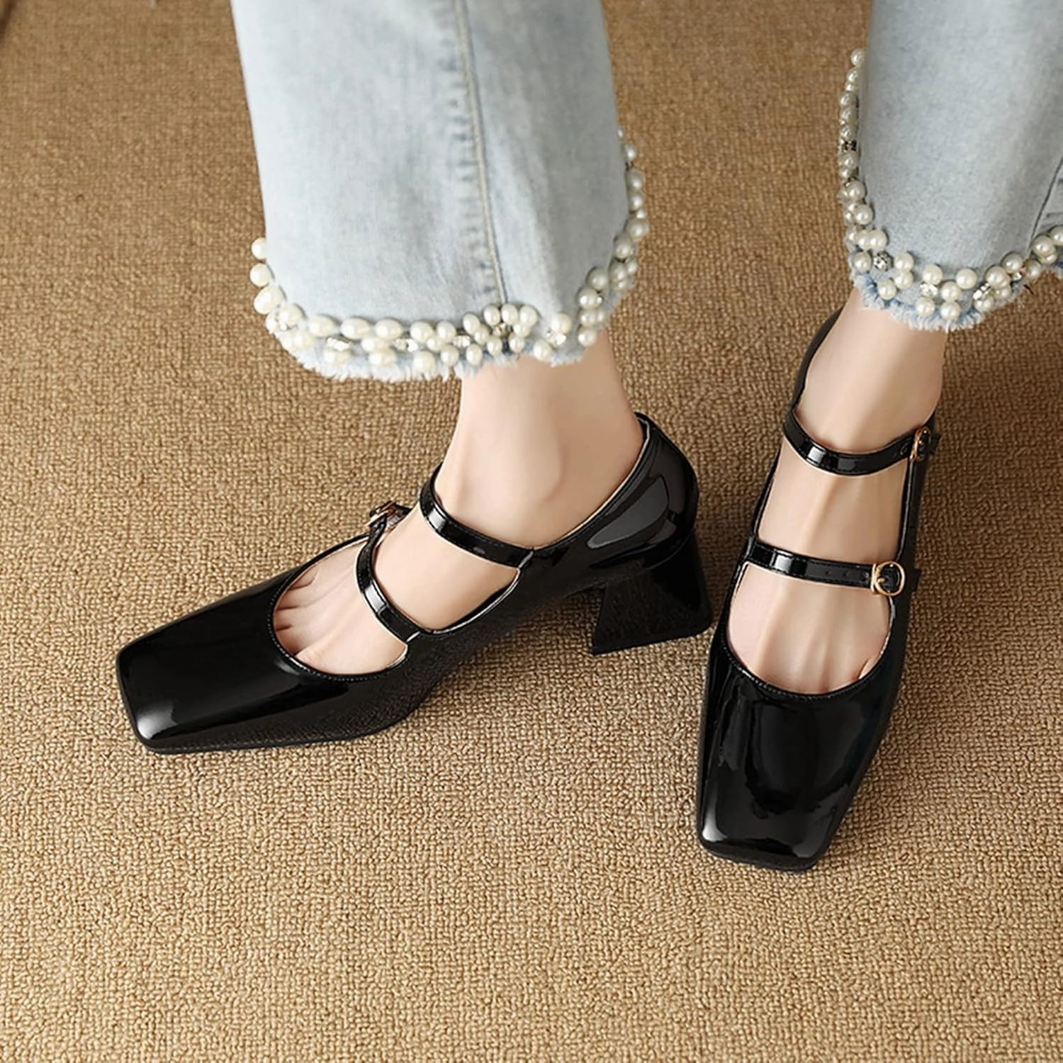 Women Doubled Monk-Strap Mary Jane Pumps Square Toe Patent Leather Chunky Block Heel Dress Shoes