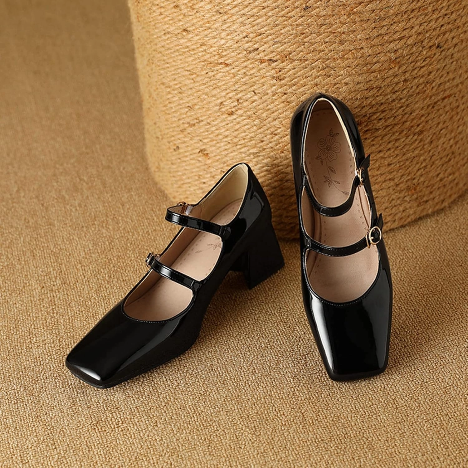 Women Doubled Monk-Strap Mary Jane Pumps Square Toe Patent Leather Chunky Block Heel Dress Shoes