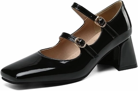 Women Doubled Monk-Strap Mary Jane Pumps Square Toe Patent Leather Chunky Block Heel Dress Shoes