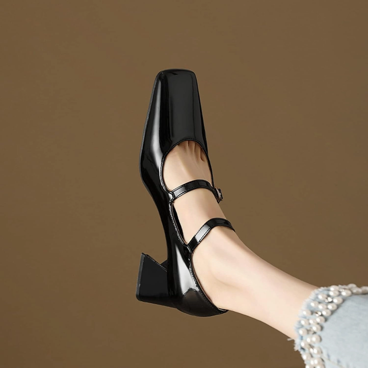Women Doubled Monk-Strap Mary Jane Pumps Square Toe Patent Leather Chunky Block Heel Dress Shoes