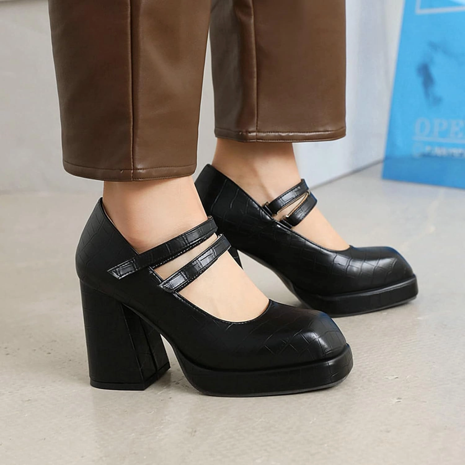 Women Platform Mary Jane Chunky High Heel Pumps Retro Double Ankle Strap Cosplay Uniform Dress Shoes