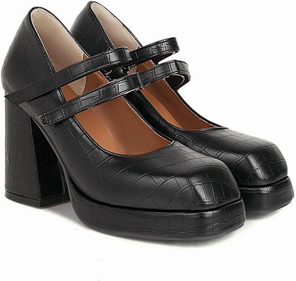 Women Platform Mary Jane Chunky High Heel Pumps Retro Double Ankle Strap Cosplay Uniform Dress Shoes