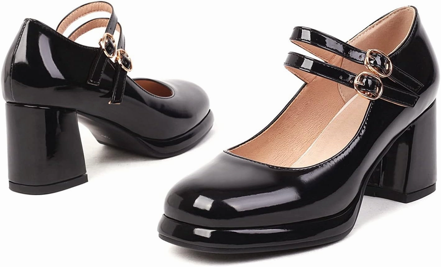 Women's Classic Mary Jane Pumps Round Toe Double Ankle Buckle Strap Chunky Block Heel Platform Shoes