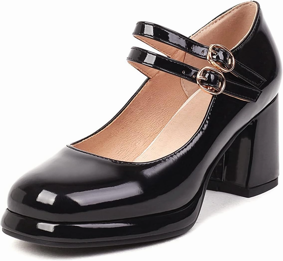 Women's Classic Mary Jane Pumps Round Toe Double Ankle Buckle Strap Chunky Block Heel Platform Shoes