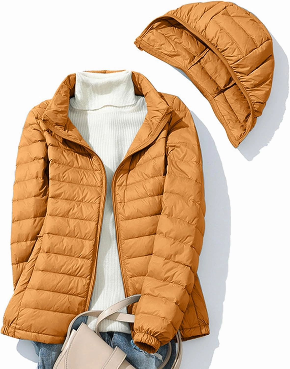 Women's Down Jacket Packable Lightweight Hooded Short Puffer Coat Padded Puffy Jackets with Detachable Hood