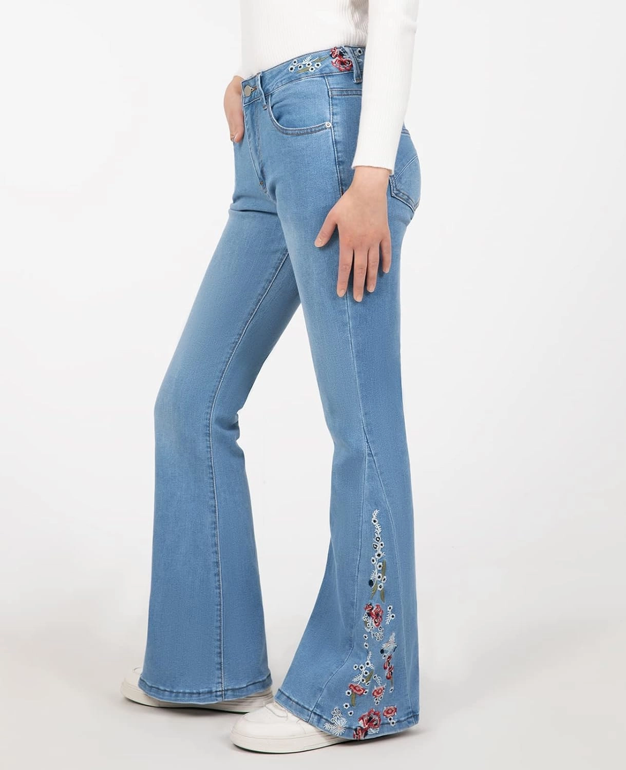 Women's Embroidered Bell Bottom Jeans Stretch Flared Fit Wide Leg Denim Pants